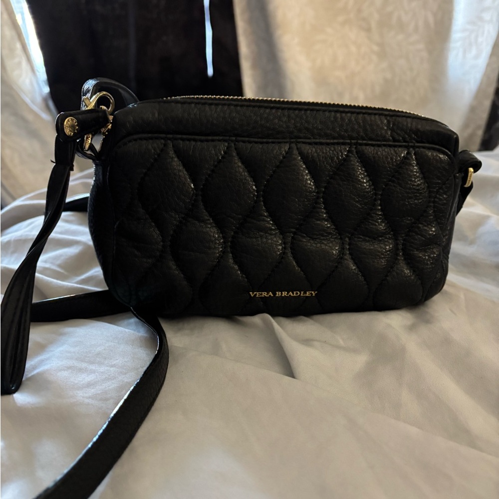 Vera Bradley Black Quilted Leather Crossbody Bag with Diamond Pattern